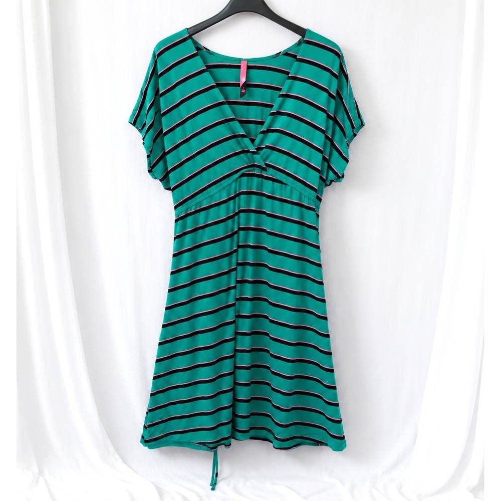Pure Energy Dress‎ Empire Waist Size 3 Plus Green Striped Stretch Casual Midi